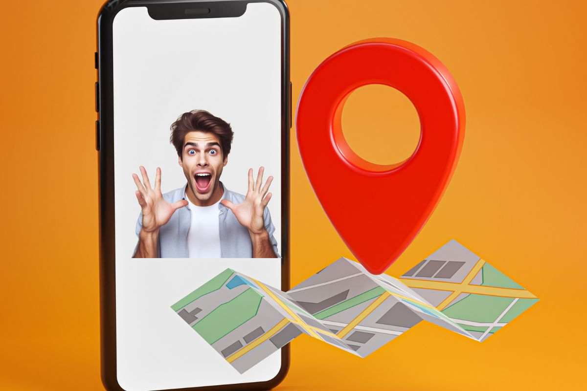 smartphone, ragazzo felice, indicatore e mappa 3d
